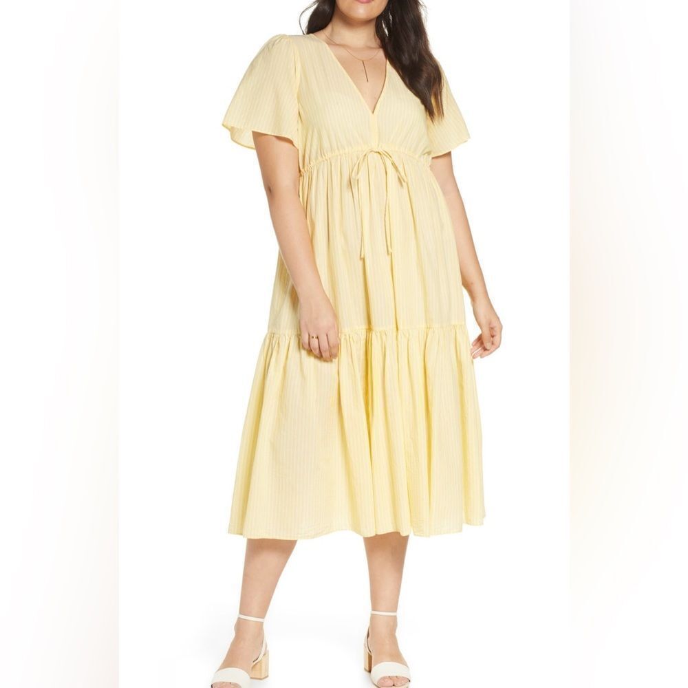 Madewell Cotton Striped Short Sleeve V-neck Midi Dress Size S